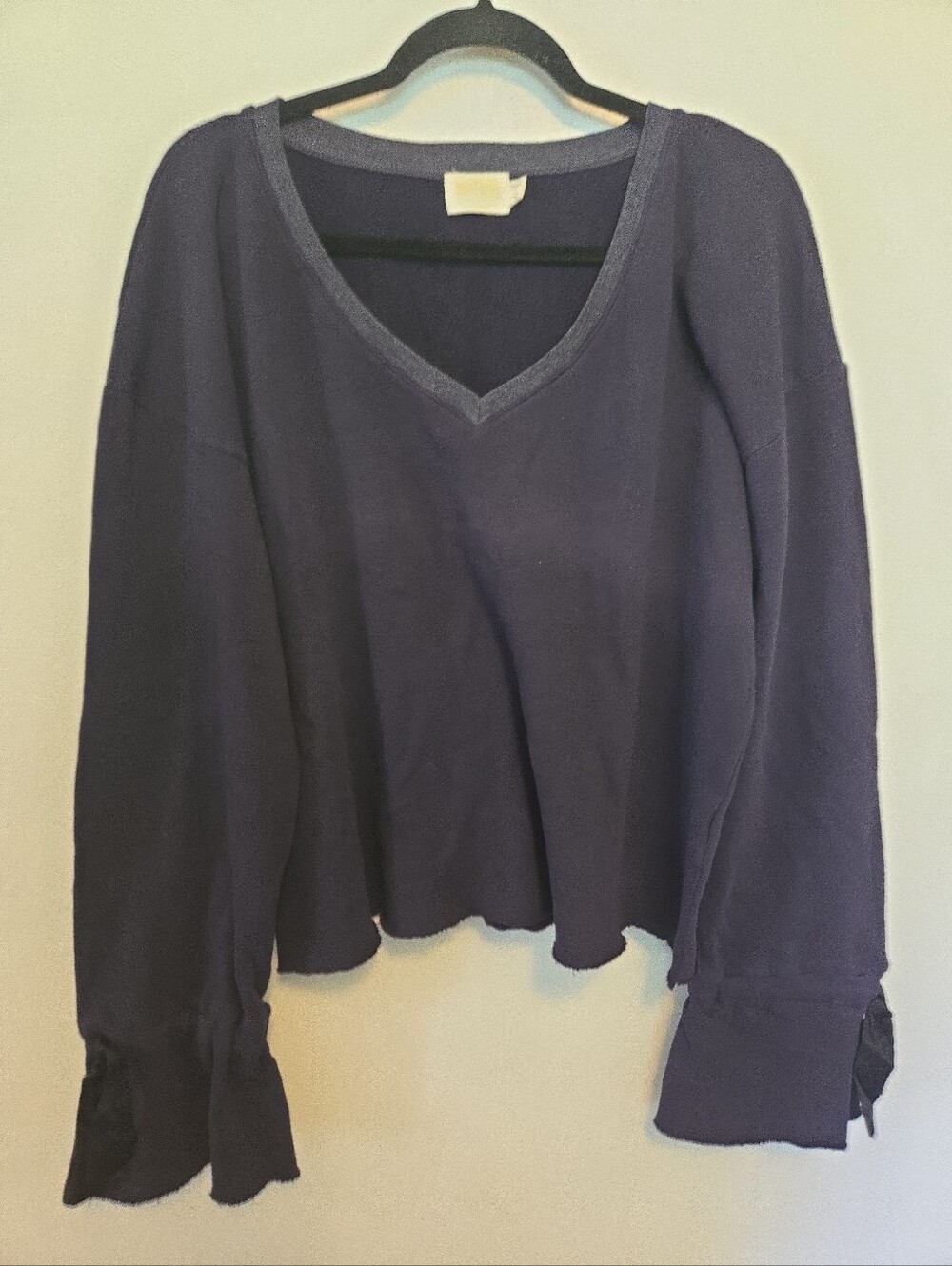 Nation LTD V-Neck Pullover Bell Sleeve Sweatshirt Bow Navy Blue L